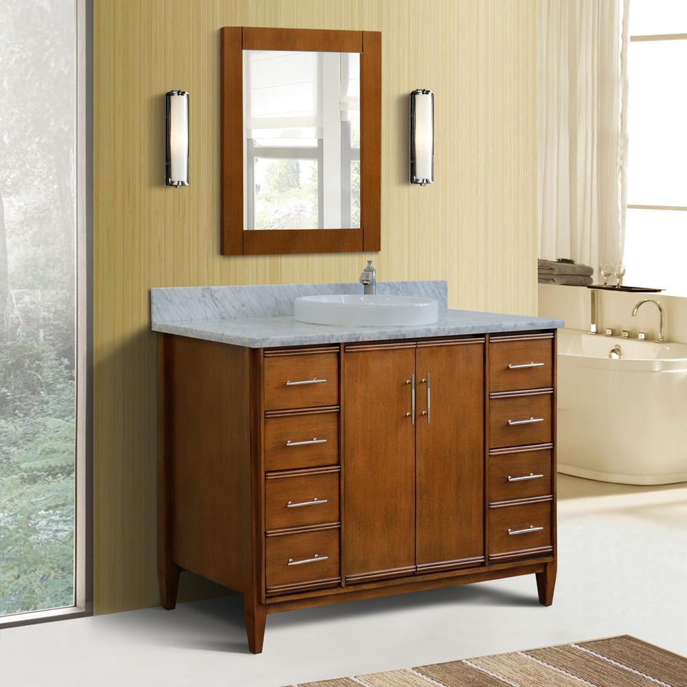 49 Single sink vanity in Walnut finish with White Carrara marble and round sink. Picture 2