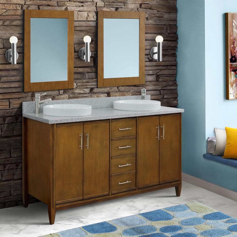 61 Double sink vanity in Walnut finish with Gray granite and round sink. Picture 2