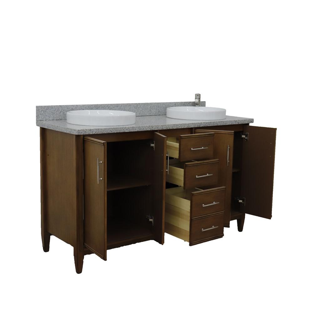 61 Double sink vanity in Walnut finish with Gray granite and round sink. Picture 8