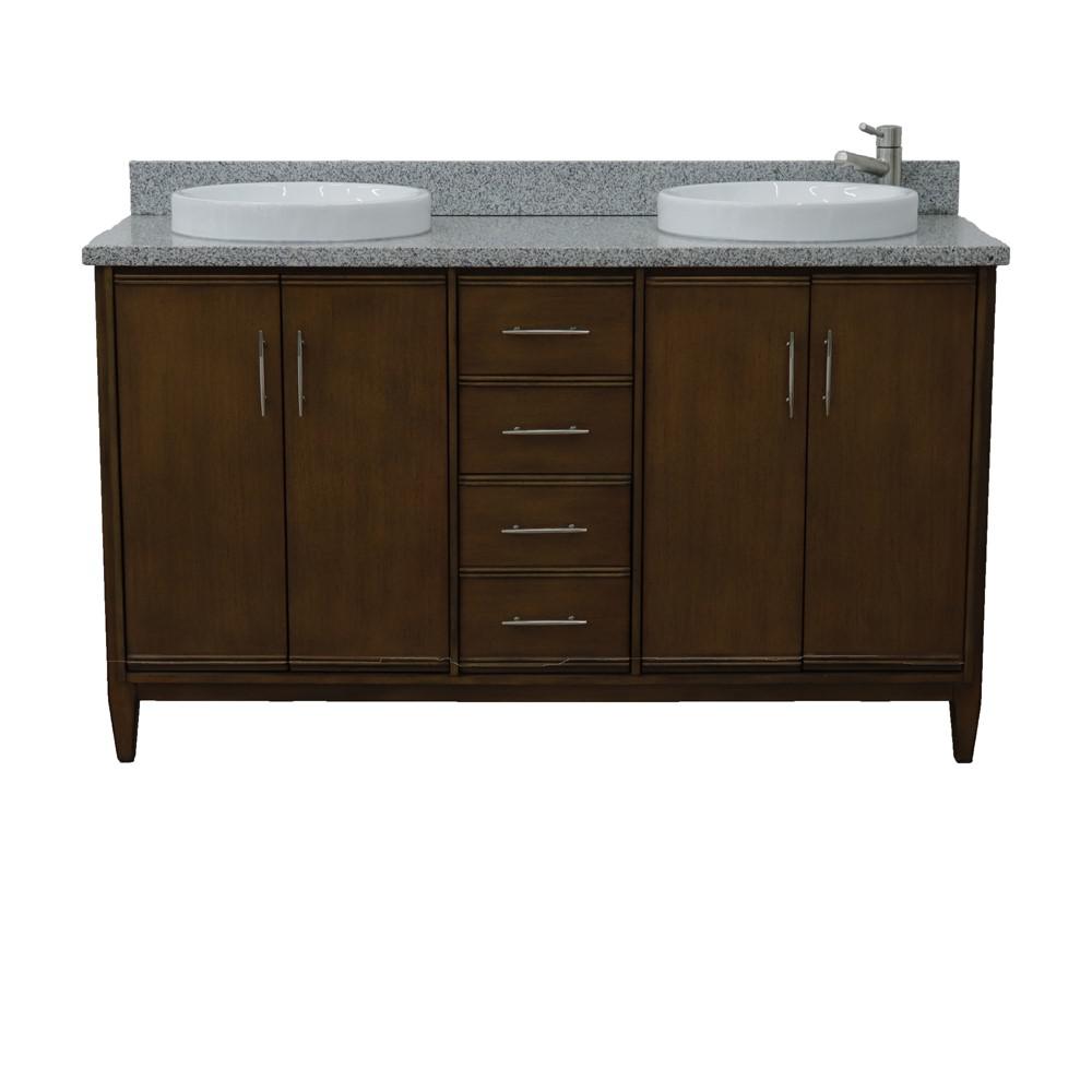 61 Double sink vanity in Walnut finish with Gray granite and round sink. Picture 9