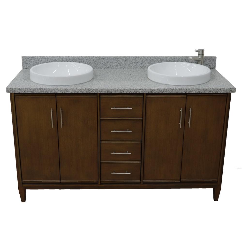 61 Double sink vanity in Walnut finish with Gray granite and round sink. Picture 10