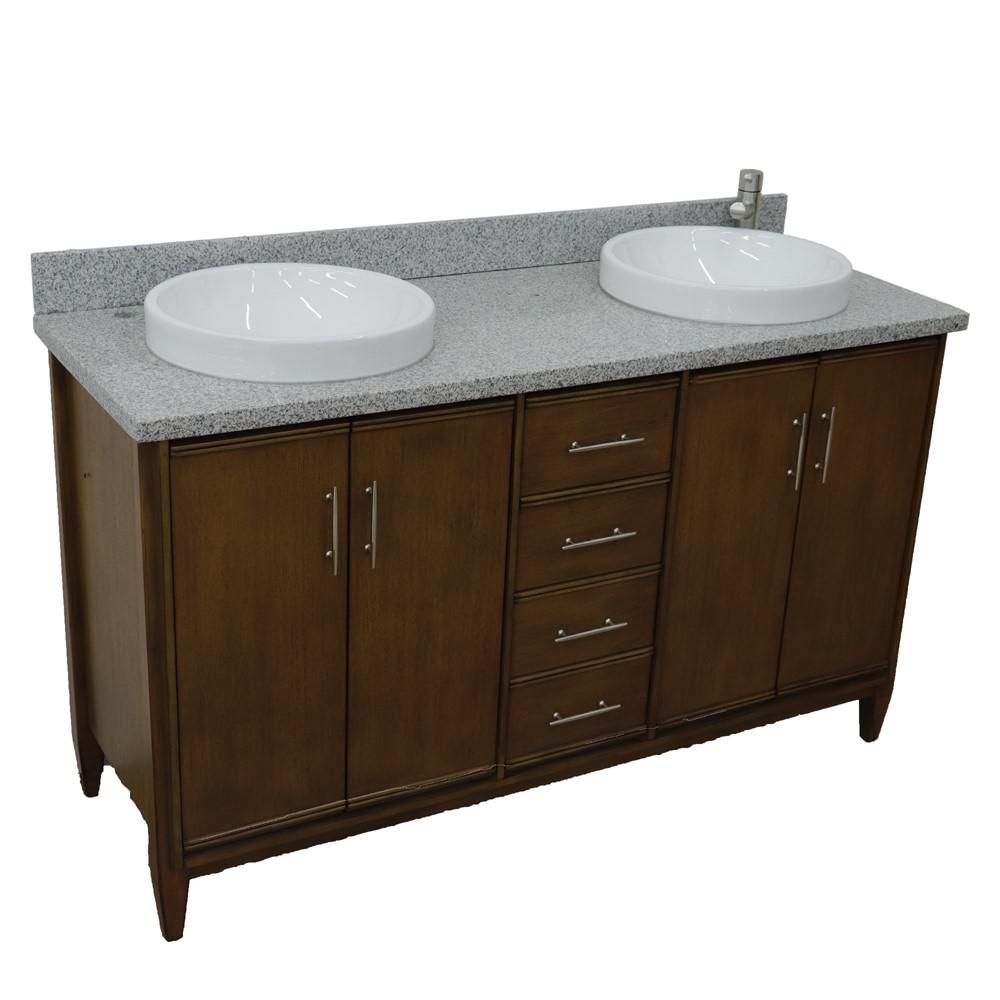 61 Double sink vanity in Walnut finish with Gray granite and round sink. Picture 11