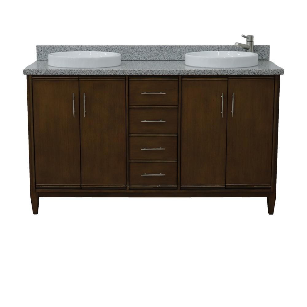 61 Double sink vanity in Walnut finish with Gray granite and round sink. Picture 15