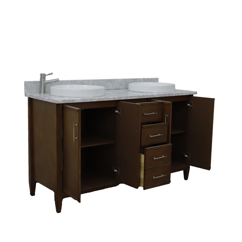 61 Double sink vanity in Walnut finish with White Carrara marble and round sink. Picture 8