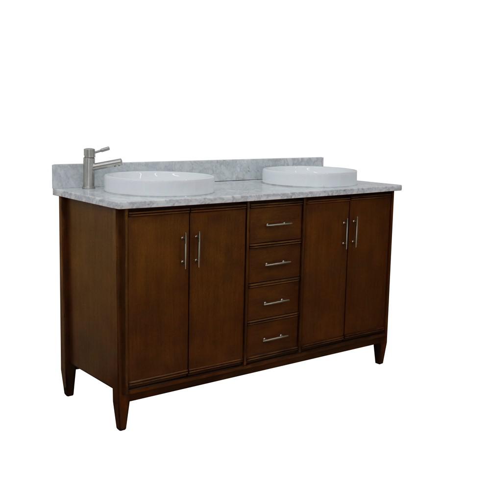 61 Double sink vanity in Walnut finish with White Carrara marble and round sink. Picture 9