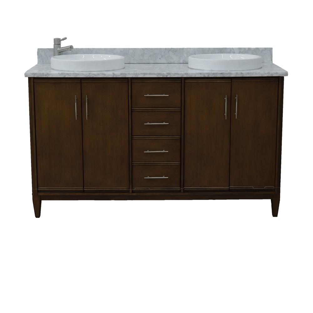 61 Double sink vanity in Walnut finish with White Carrara marble and round sink. Picture 10