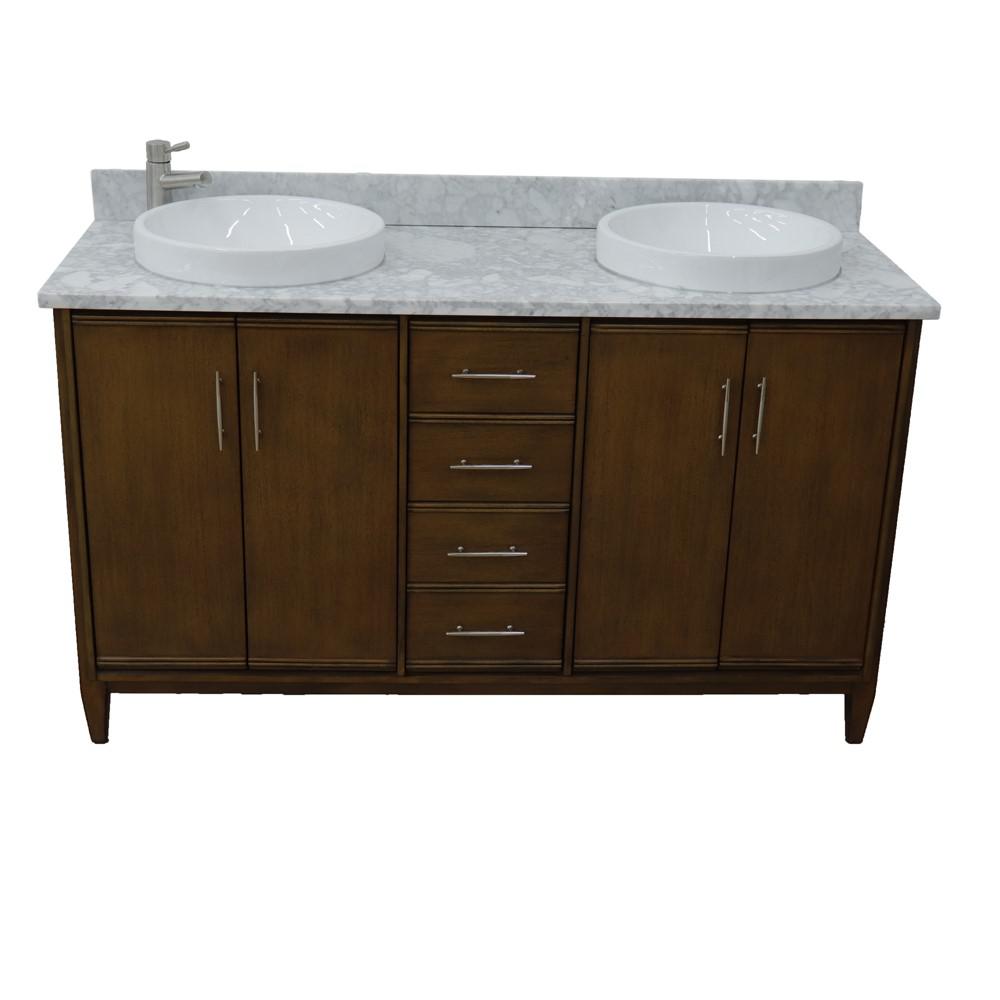 61 Double sink vanity in Walnut finish with White Carrara marble and round sink. Picture 11