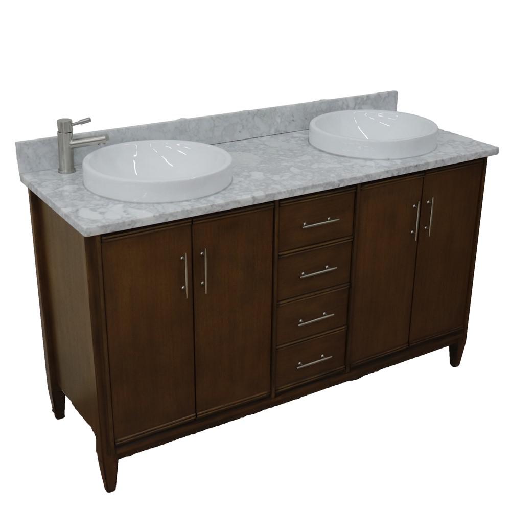 61 Double sink vanity in Walnut finish with White Carrara marble and round sink. Picture 12