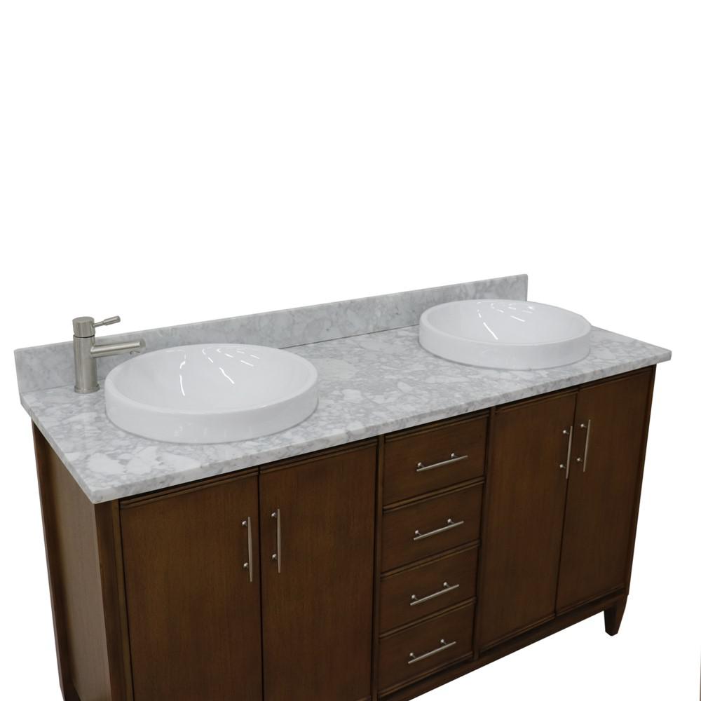 61 Double sink vanity in Walnut finish with White Carrara marble and round sink. Picture 13