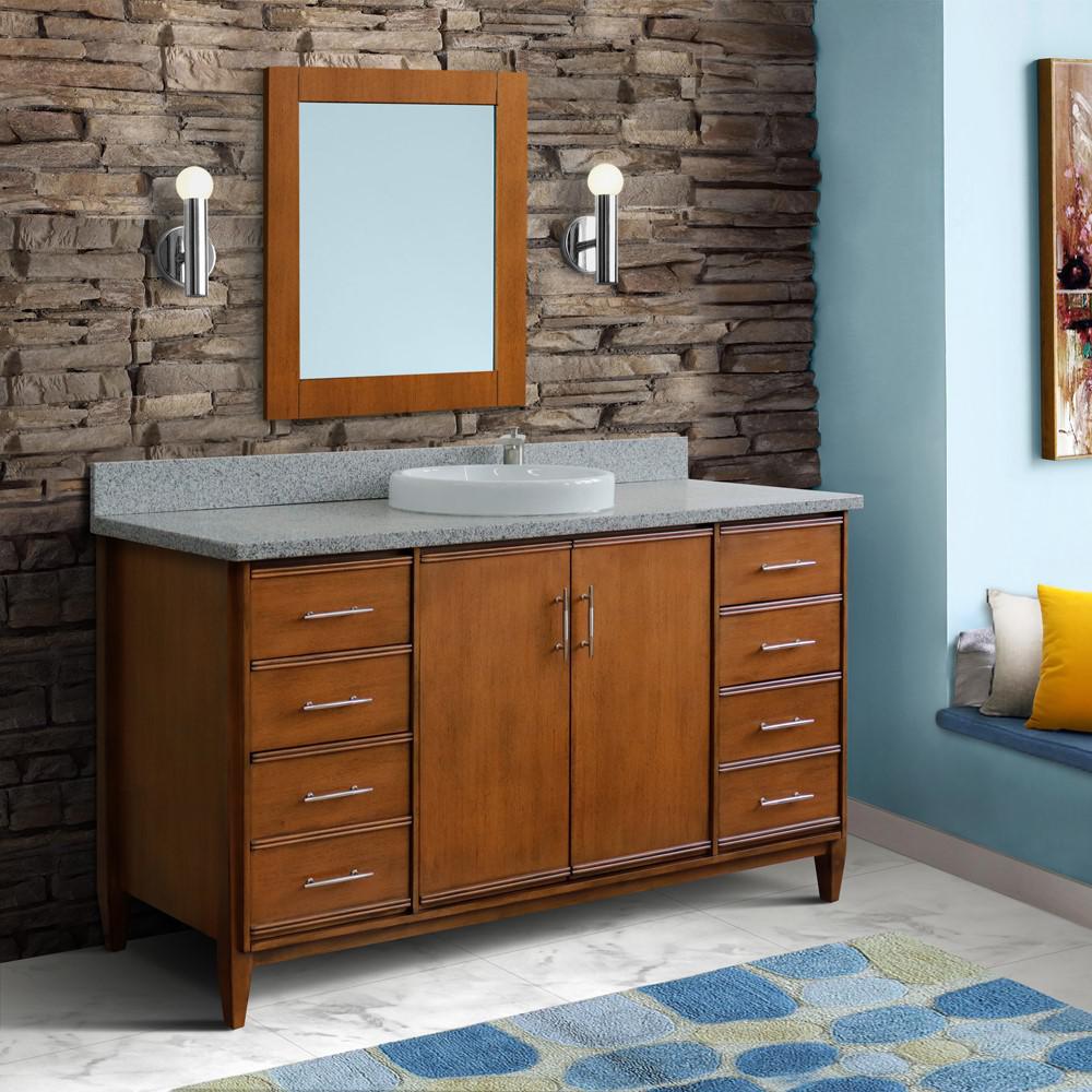61 Single sink vanity in Walnut finish with Gray granite and round sink. Picture 2