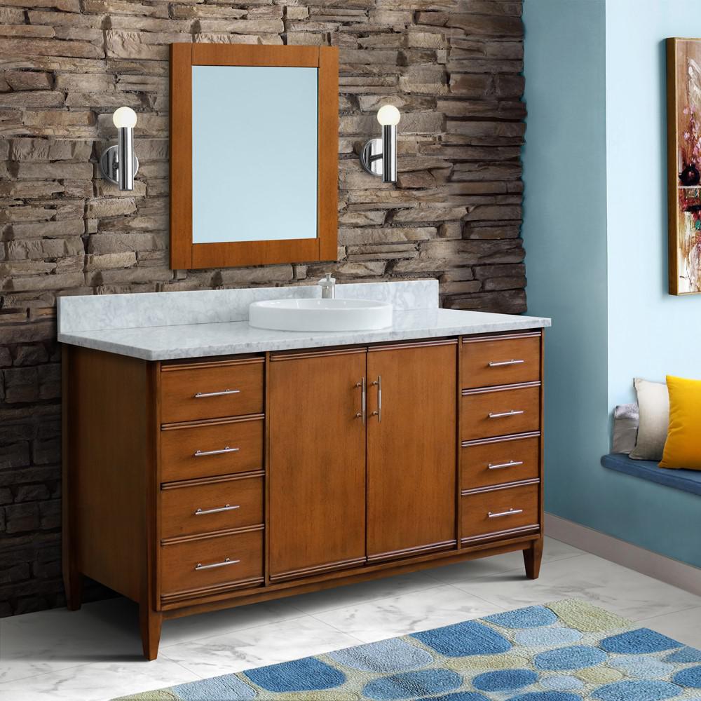 61 Single sink vanity in Walnut finish with White Carrara marble and round sink. Picture 2