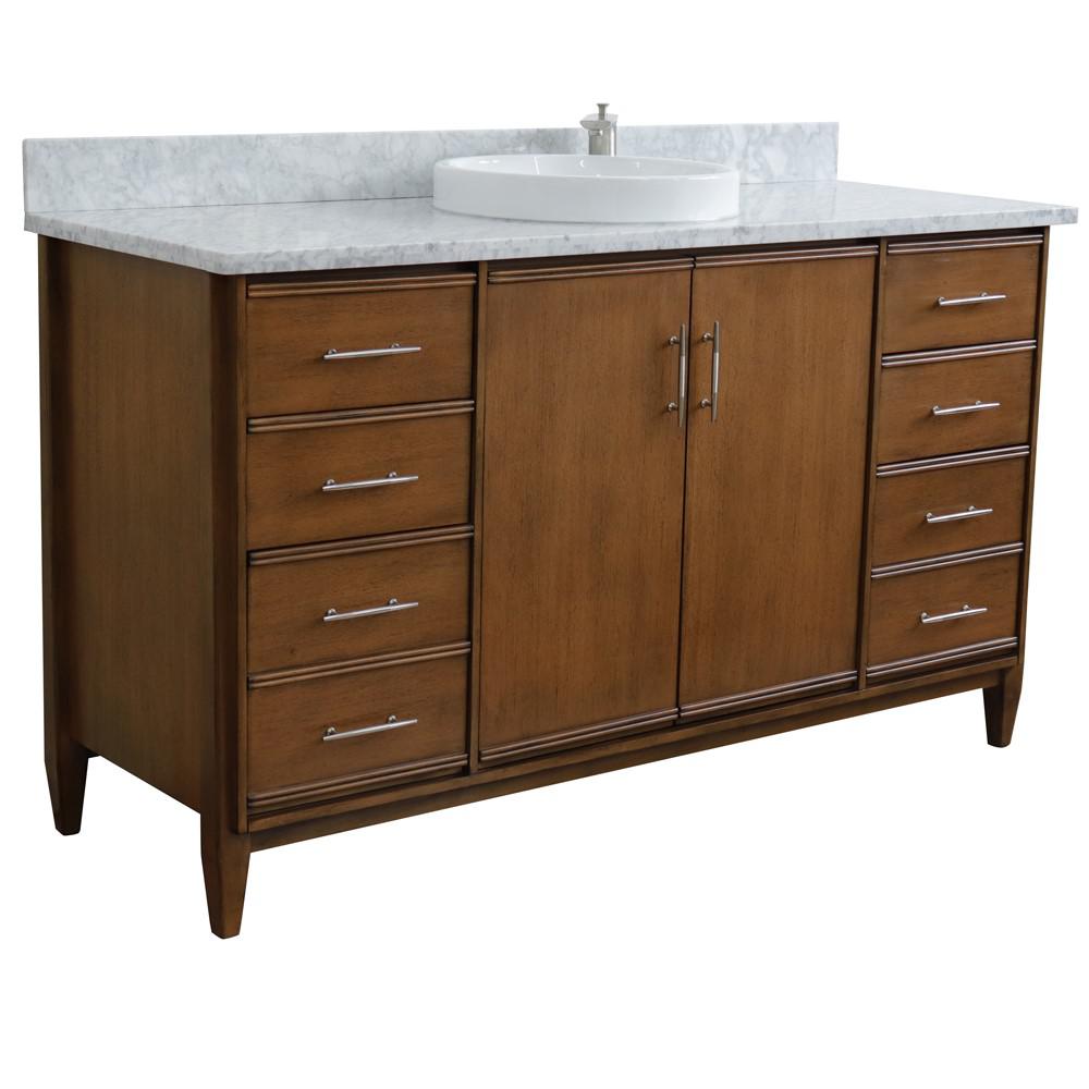 61 Single sink vanity in Walnut finish with White Carrara marble and round sink. Picture 4