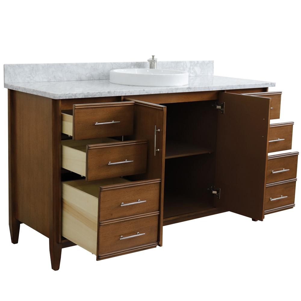 61 Single sink vanity in Walnut finish with White Carrara marble and round sink. Picture 5