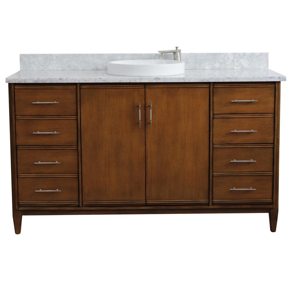 61 Single sink vanity in Walnut finish with White Carrara marble and round sink. Picture 6
