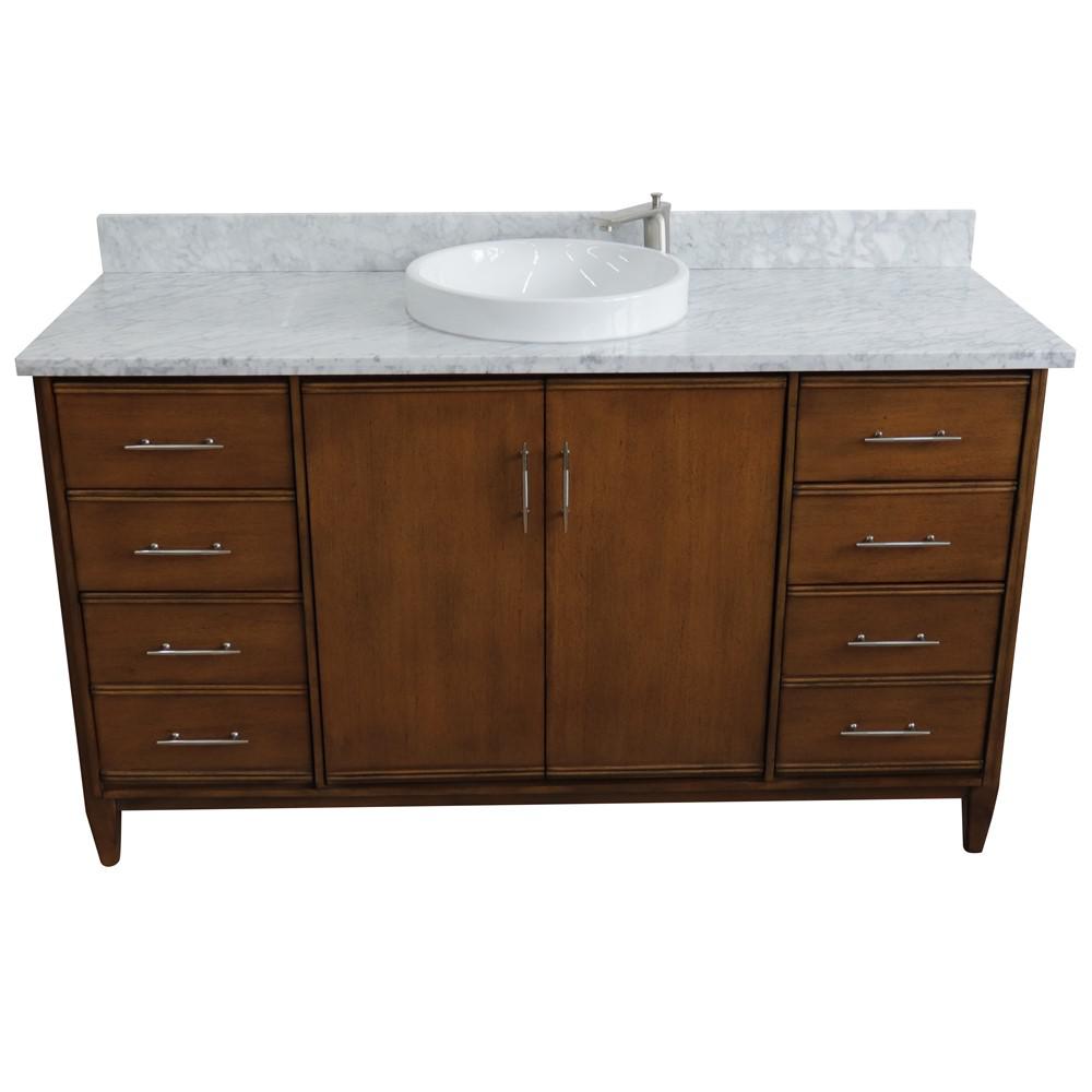 61 Single sink vanity in Walnut finish with White Carrara marble and round sink. Picture 8
