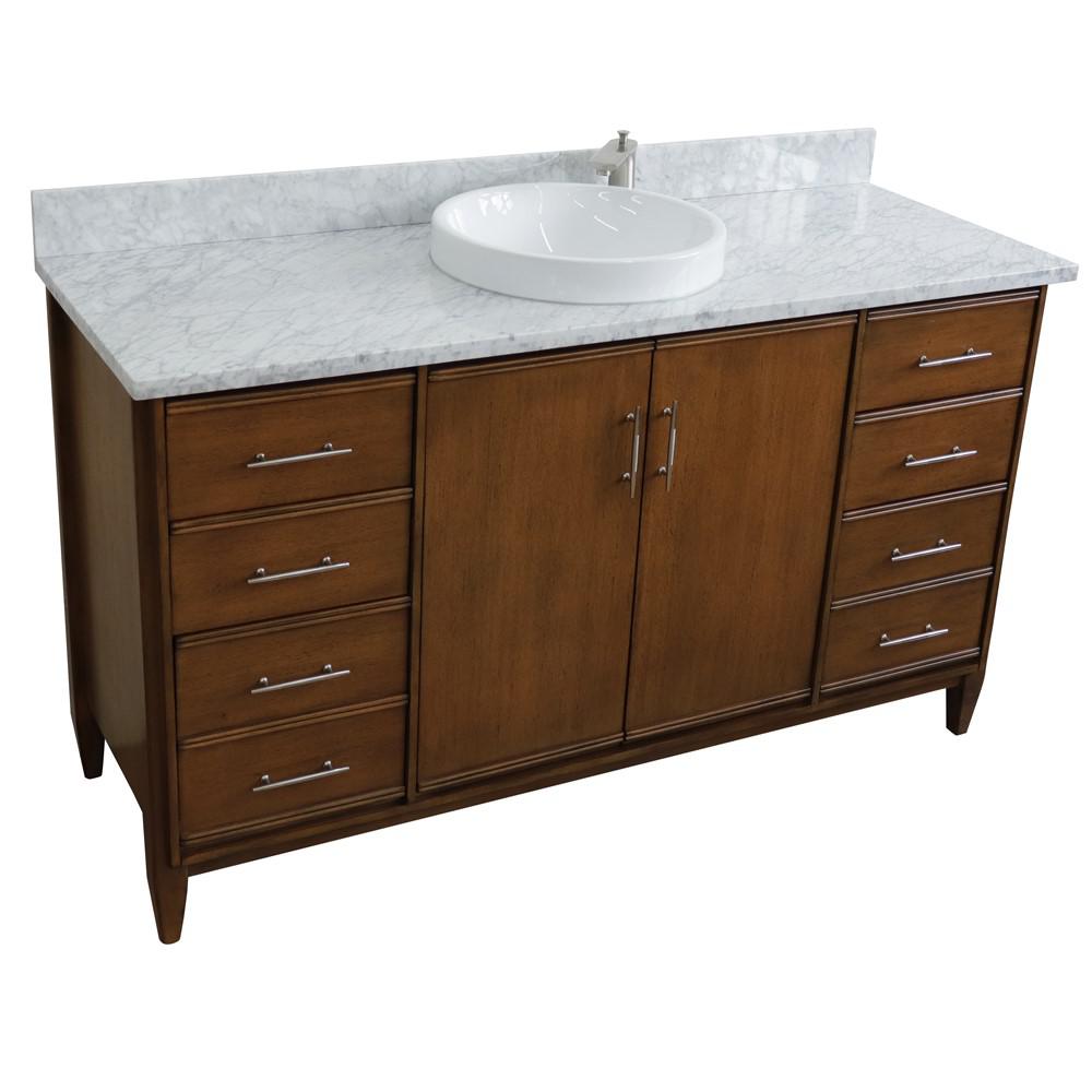 61 Single sink vanity in Walnut finish with White Carrara marble and round sink. Picture 9
