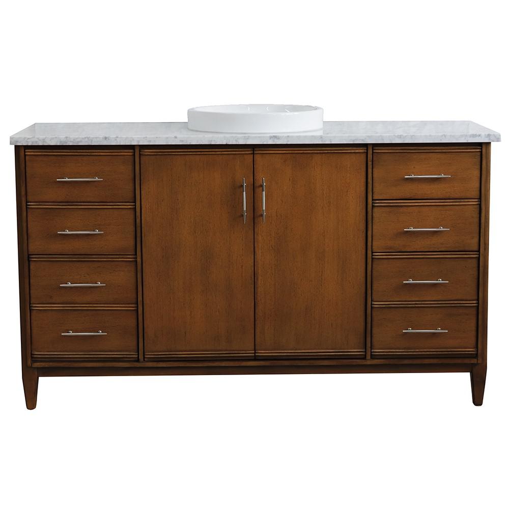 61 Single sink vanity in Walnut finish with White Carrara marble and round sink. Picture 12