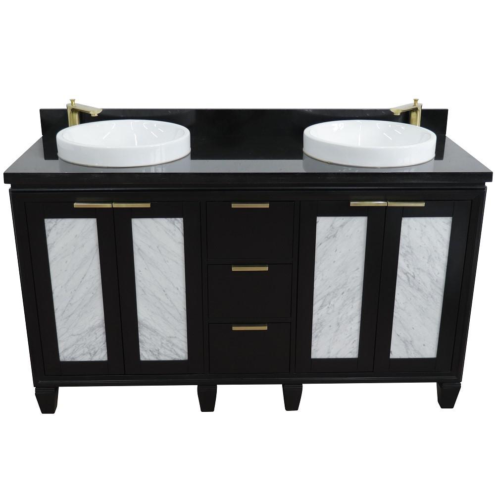 61 Double sink vanity in Black finish with Black galaxy granite and round sink. Picture 8