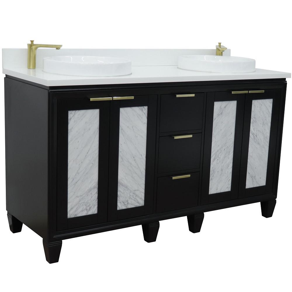 61 Double sink vanity in Black finish with White quartz and round sink. Picture 5