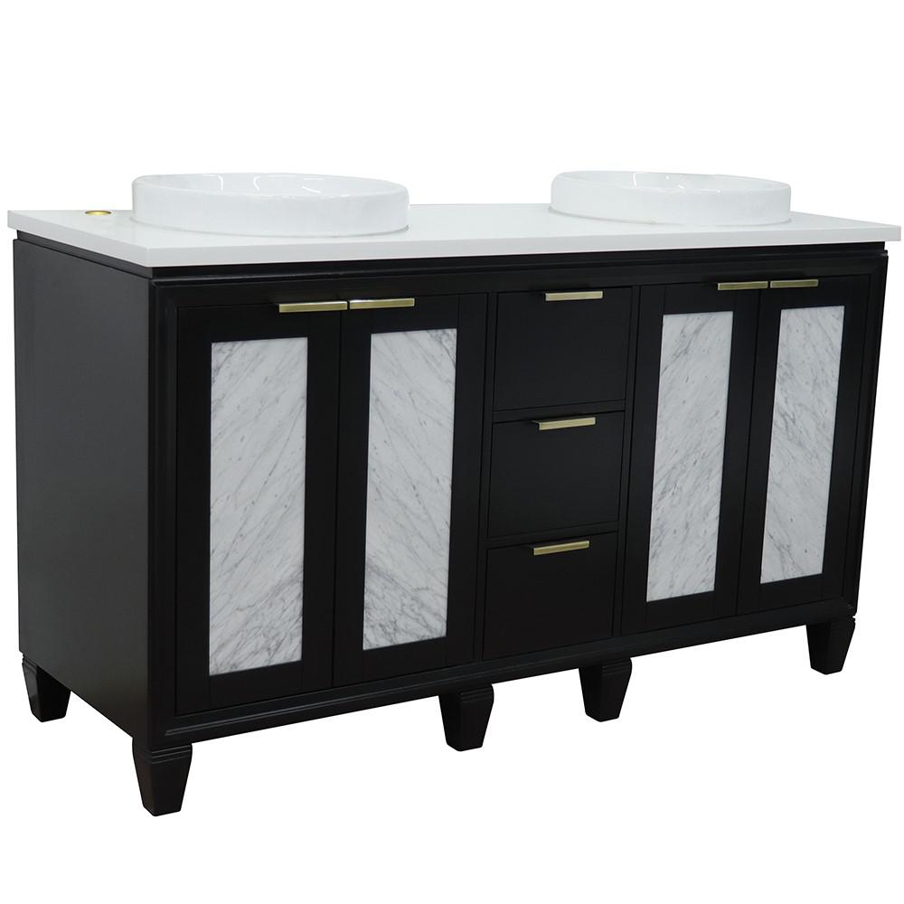 61 Double sink vanity in Black finish with White quartz and round sink. Picture 1