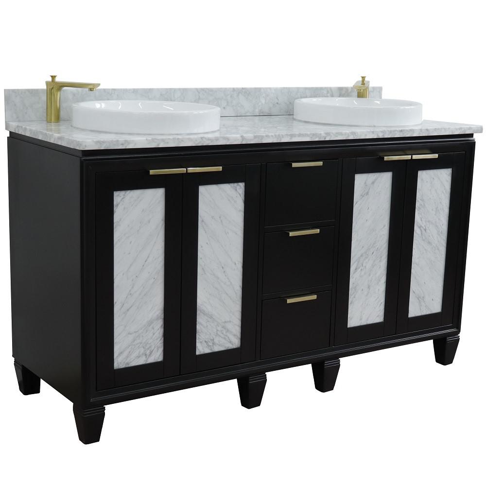 61 Double sink vanity in Black finish with White Carrara marble and round sink. Picture 4