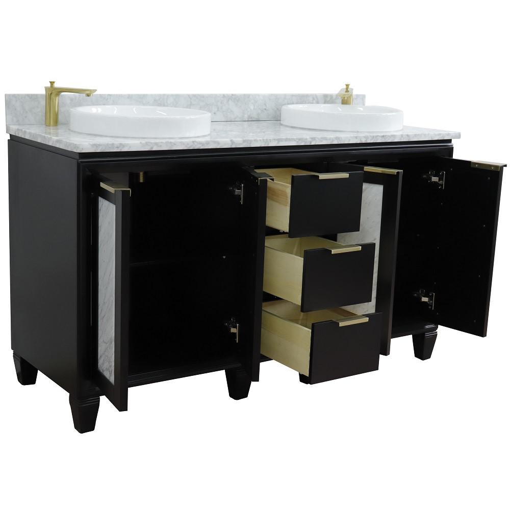 61 Double sink vanity in Black finish with White Carrara marble and round sink. Picture 5