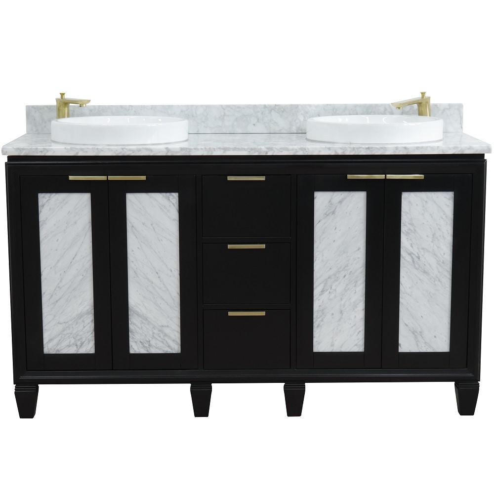 61 Double sink vanity in Black finish with White Carrara marble and round sink. Picture 6