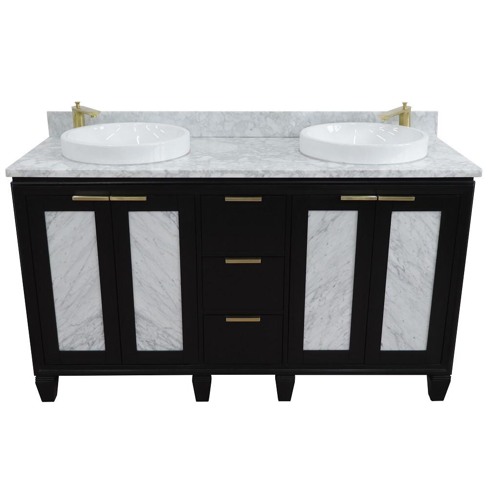 61 Double sink vanity in Black finish with White Carrara marble and round sink. Picture 8