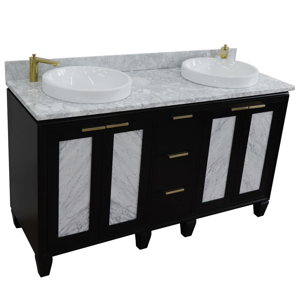 61 Double sink vanity in Black finish with White Carrara marble and round sink. Picture 9