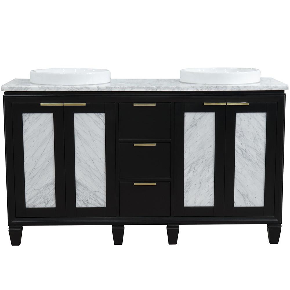 61 Double sink vanity in Black finish with White Carrara marble and round sink. Picture 12
