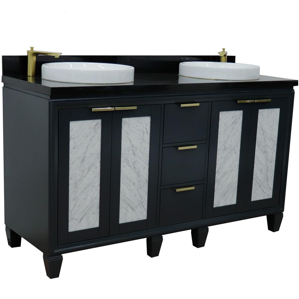 Double sink vanity in Dark Gray with Black galaxy granite and round sink. Picture 6
