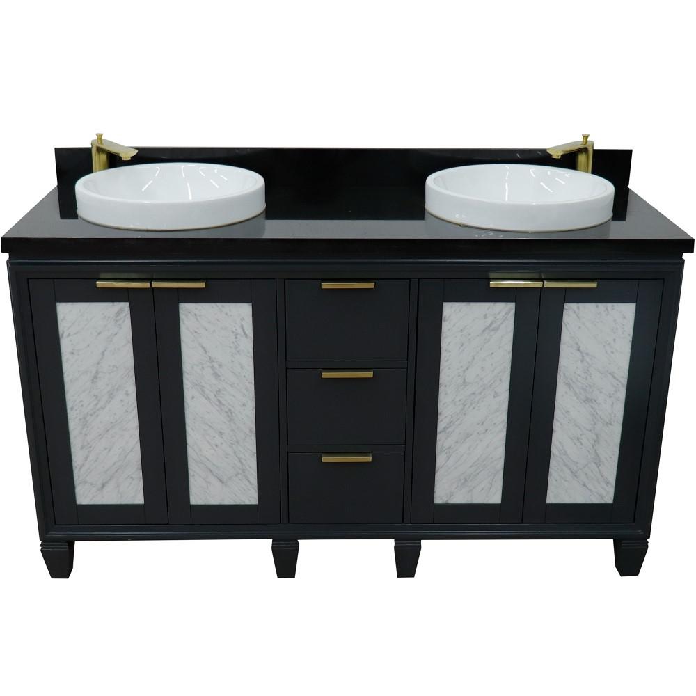 Double sink vanity in Dark Gray with Black galaxy granite and round sink. Picture 11