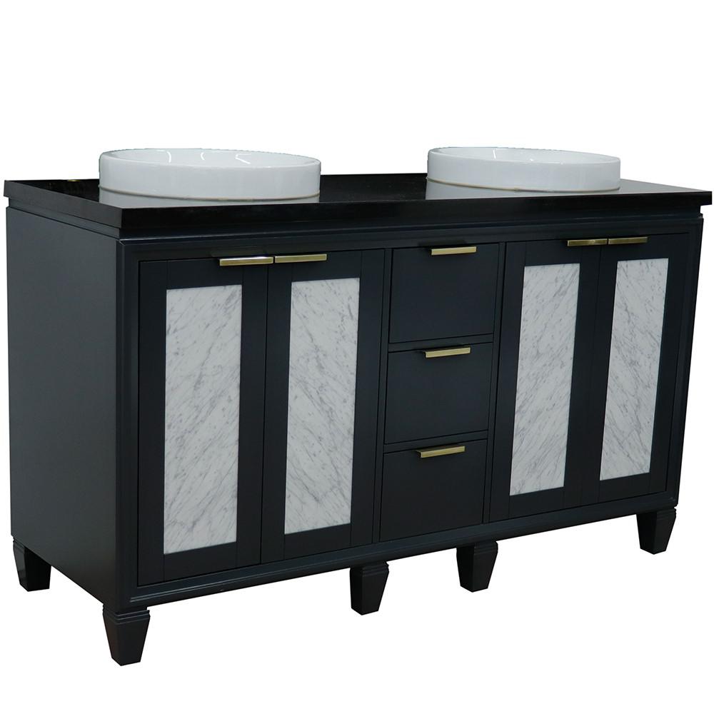 Double sink vanity in Dark Gray with Black galaxy granite and round sink. Picture 1