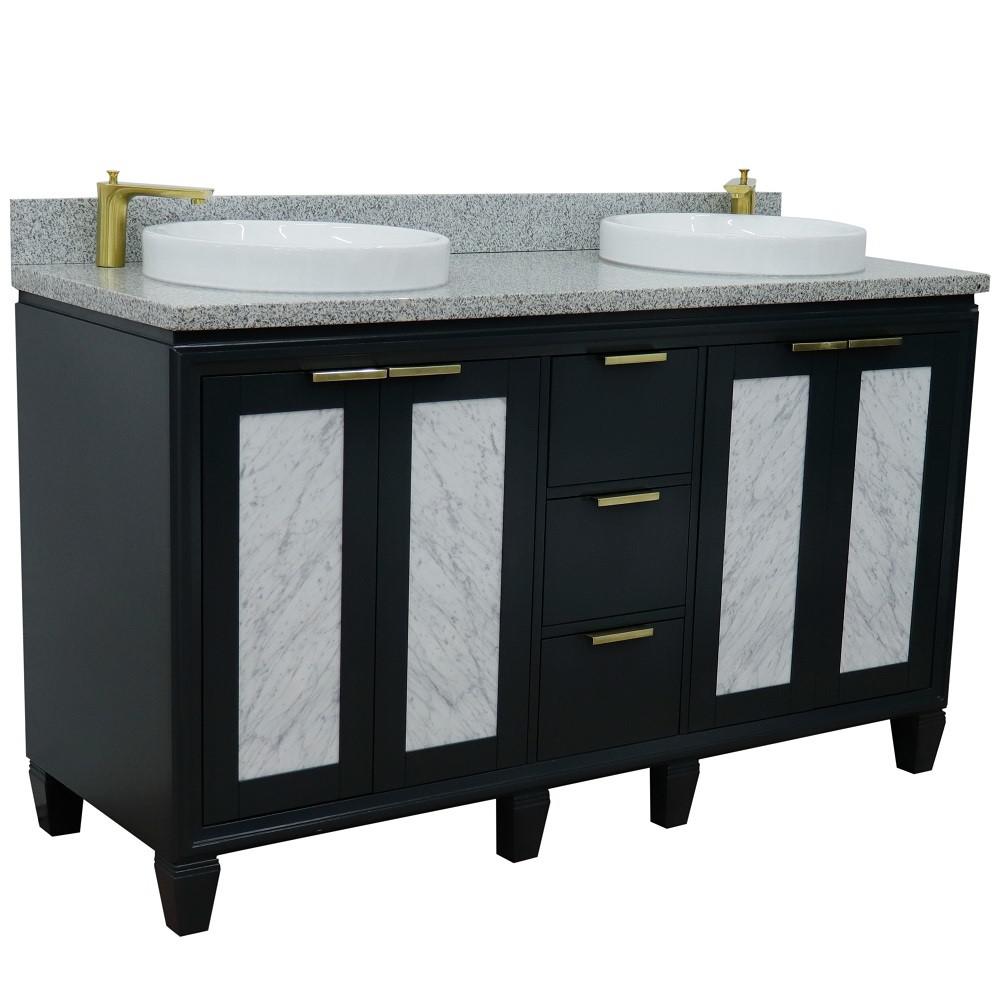 61 Double sink vanity in Dark Gray finish with Gray granite and round sink. Picture 6