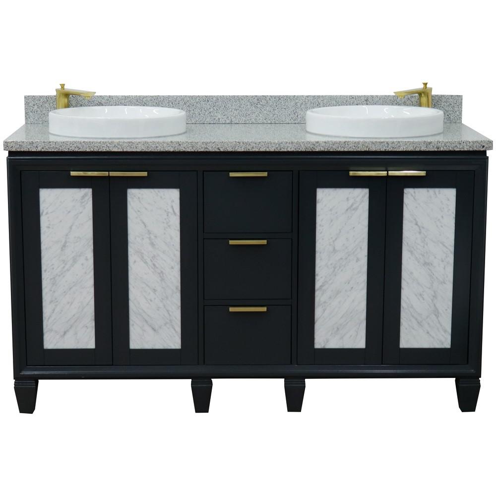 61 Double sink vanity in Dark Gray finish with Gray granite and round sink. Picture 8