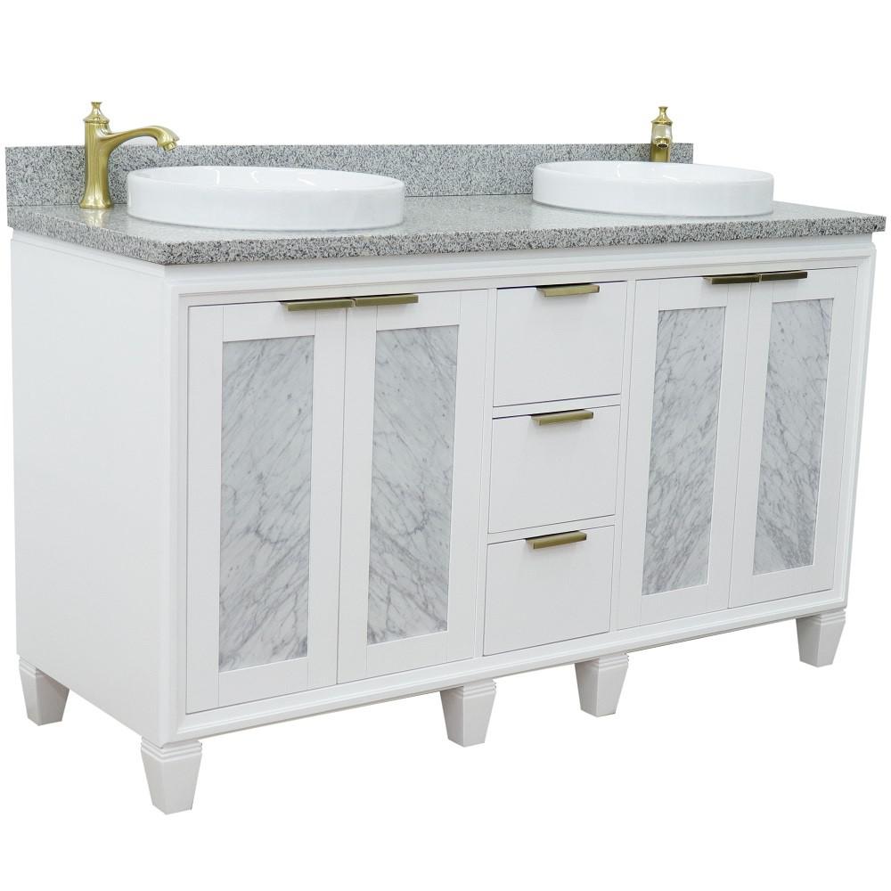 61 Double sink vanity in White finish with Gray granite and round sink. Picture 6