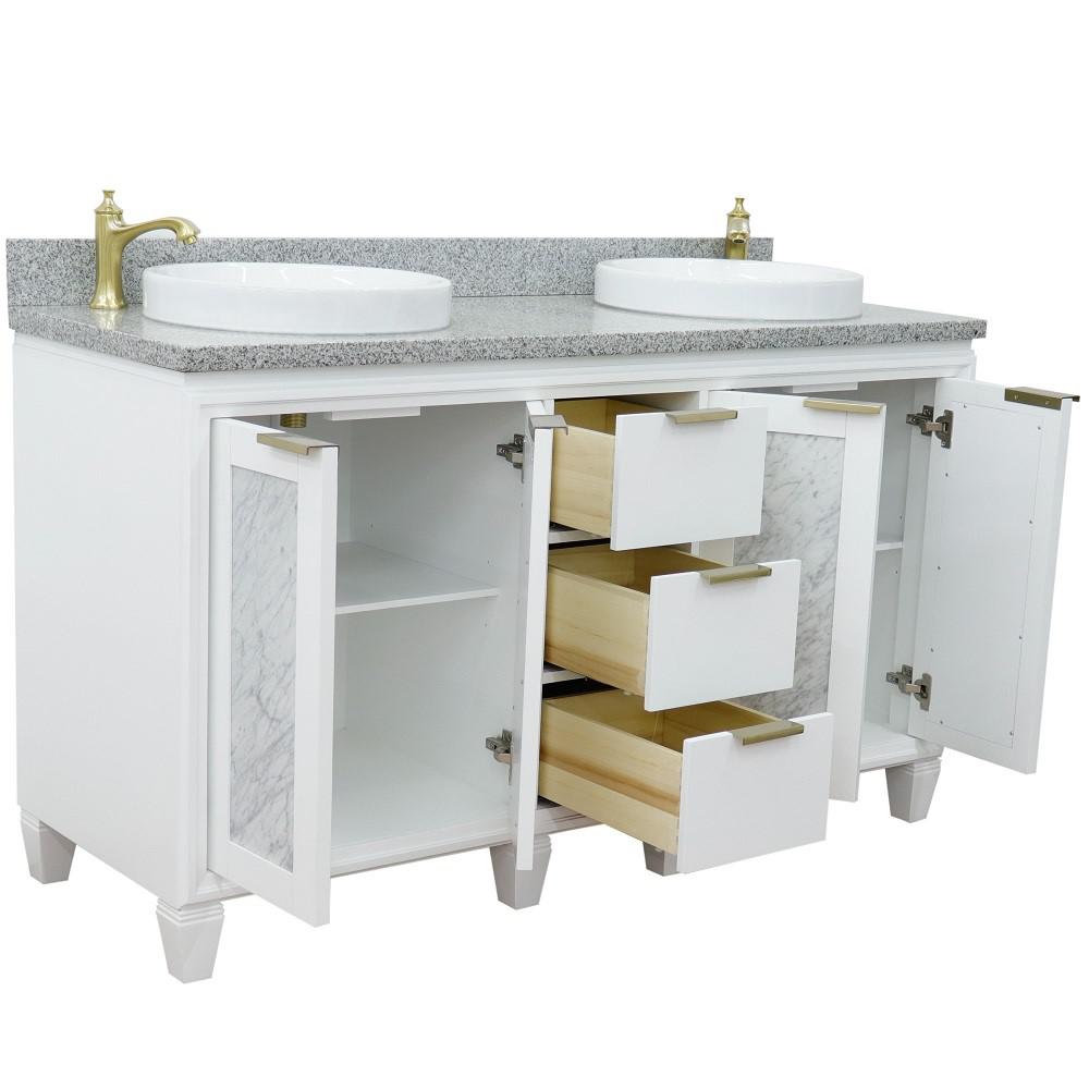 61 Double sink vanity in White finish with Gray granite and round sink. Picture 7