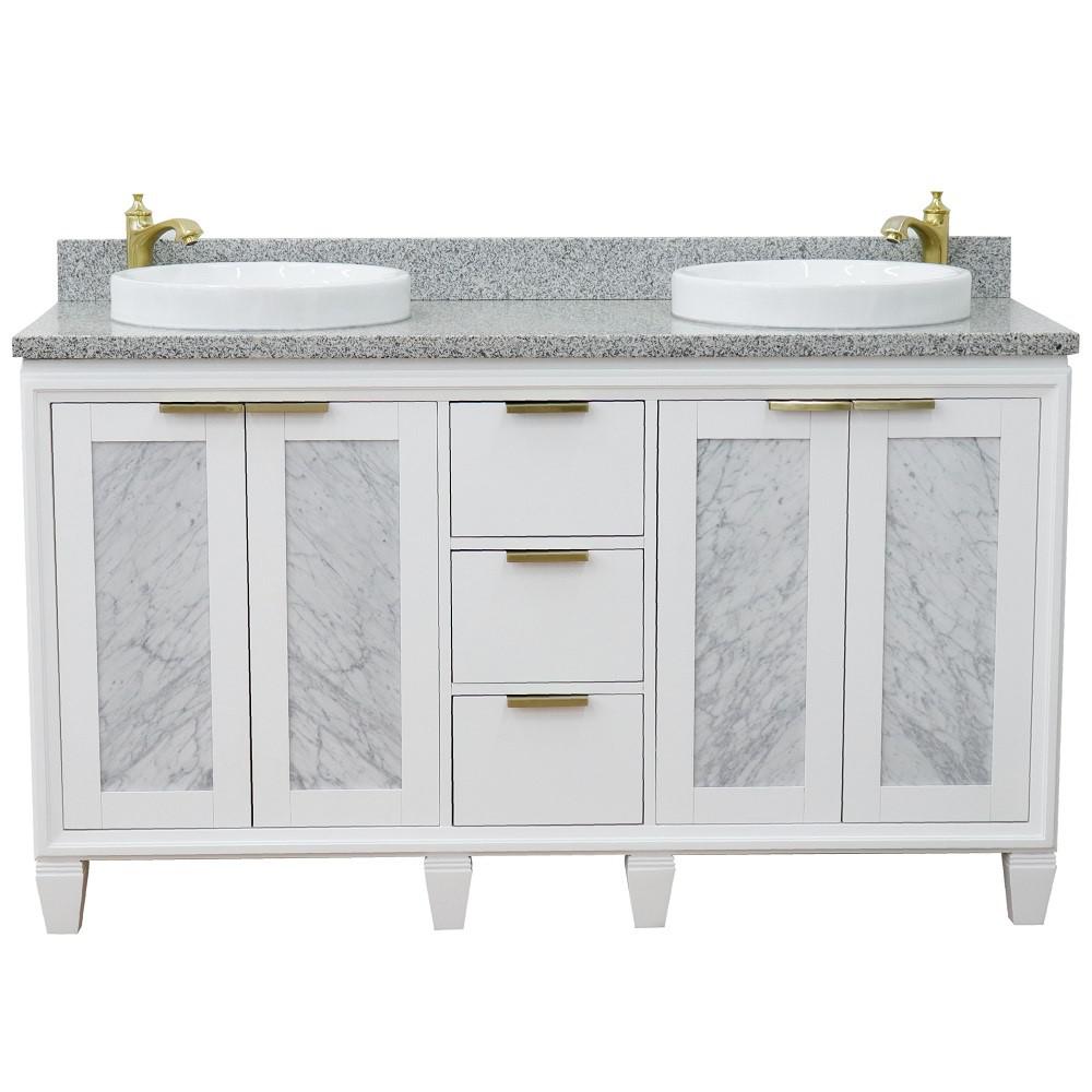 61 Double sink vanity in White finish with Gray granite and round sink. Picture 8