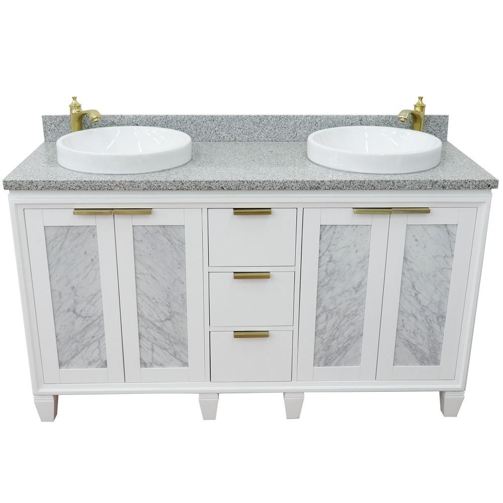 61 Double sink vanity in White finish with Gray granite and round sink. Picture 11