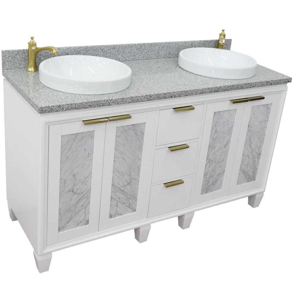 61 Double sink vanity in White finish with Gray granite and round sink. Picture 12