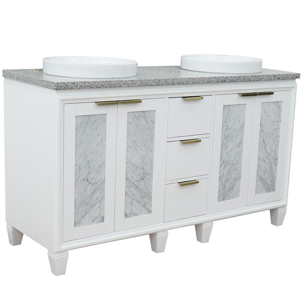 61 Double sink vanity in White finish with Gray granite and round sink. Picture 1