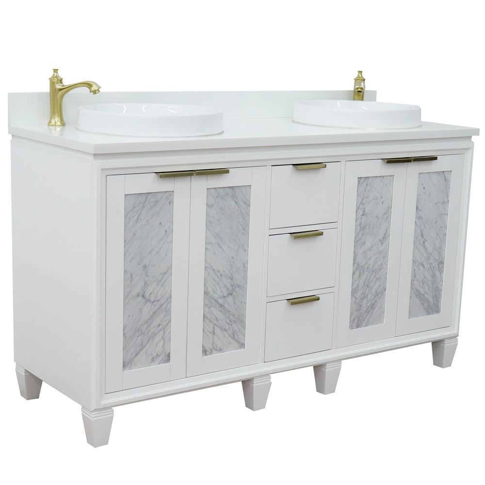 61 Double sink vanity in White finish with White quartz and round sink. Picture 6