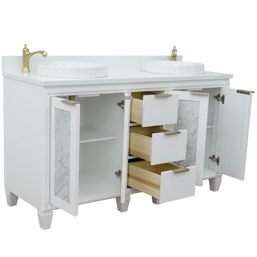 61 Double sink vanity in White finish with White quartz and round sink. Picture 7
