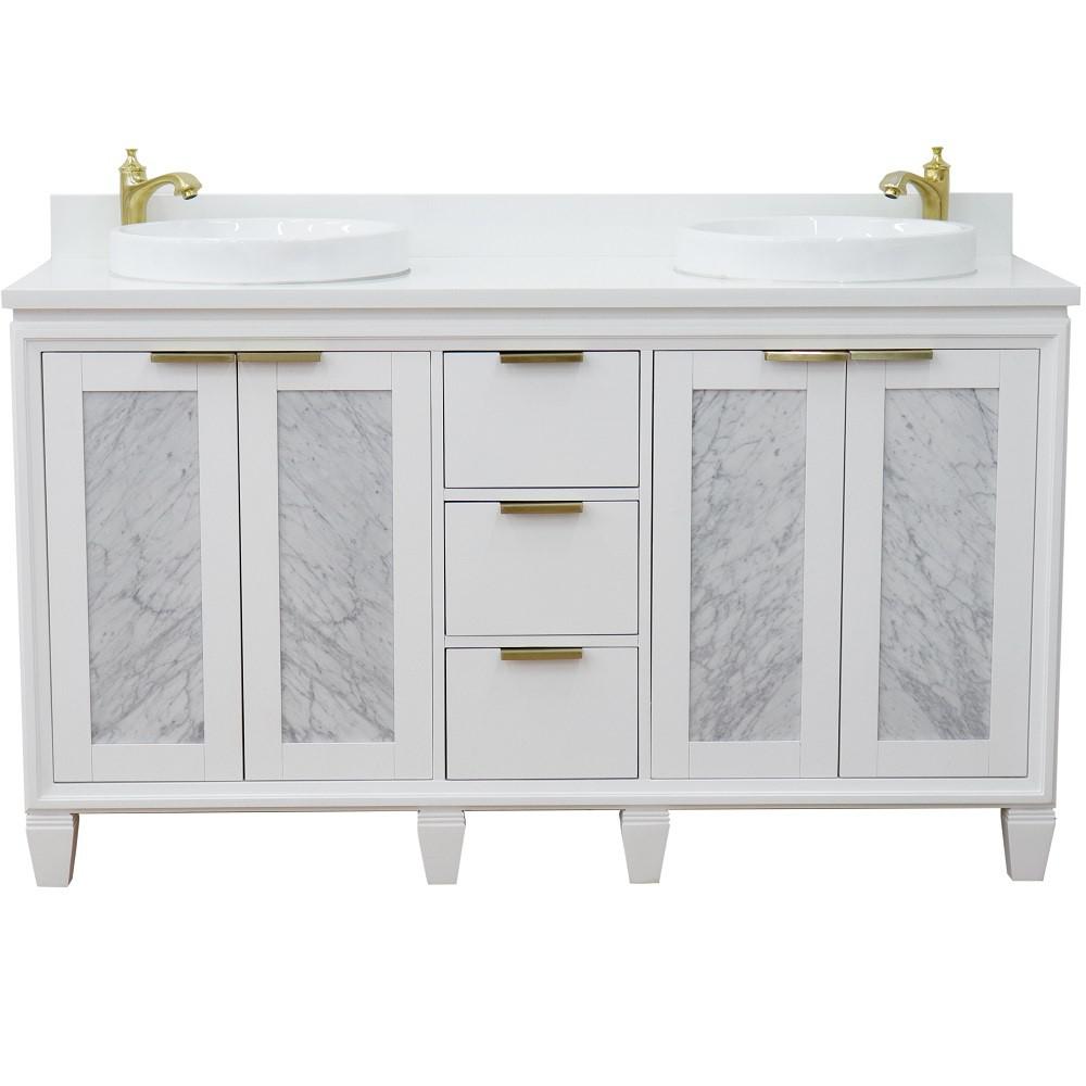 61 Double sink vanity in White finish with White quartz and round sink. Picture 8