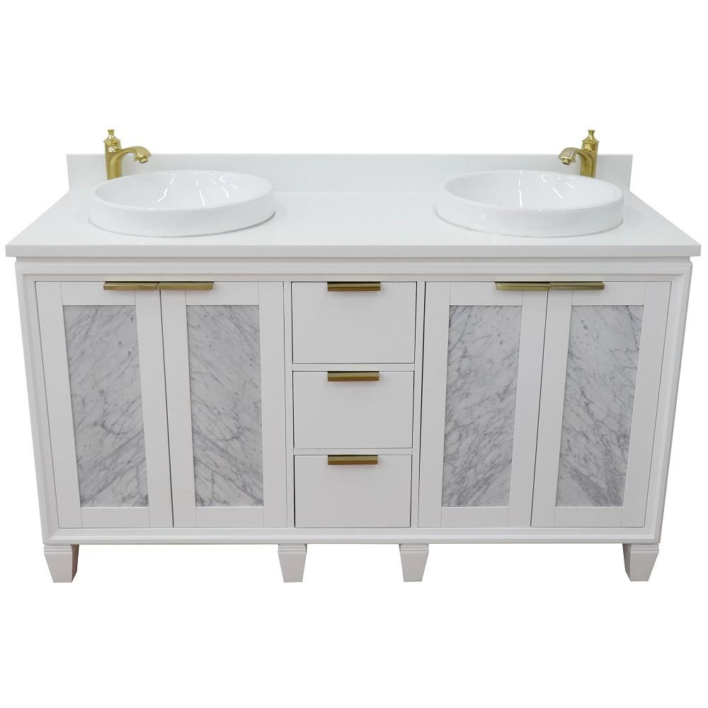 61 Double sink vanity in White finish with White quartz and round sink. Picture 11