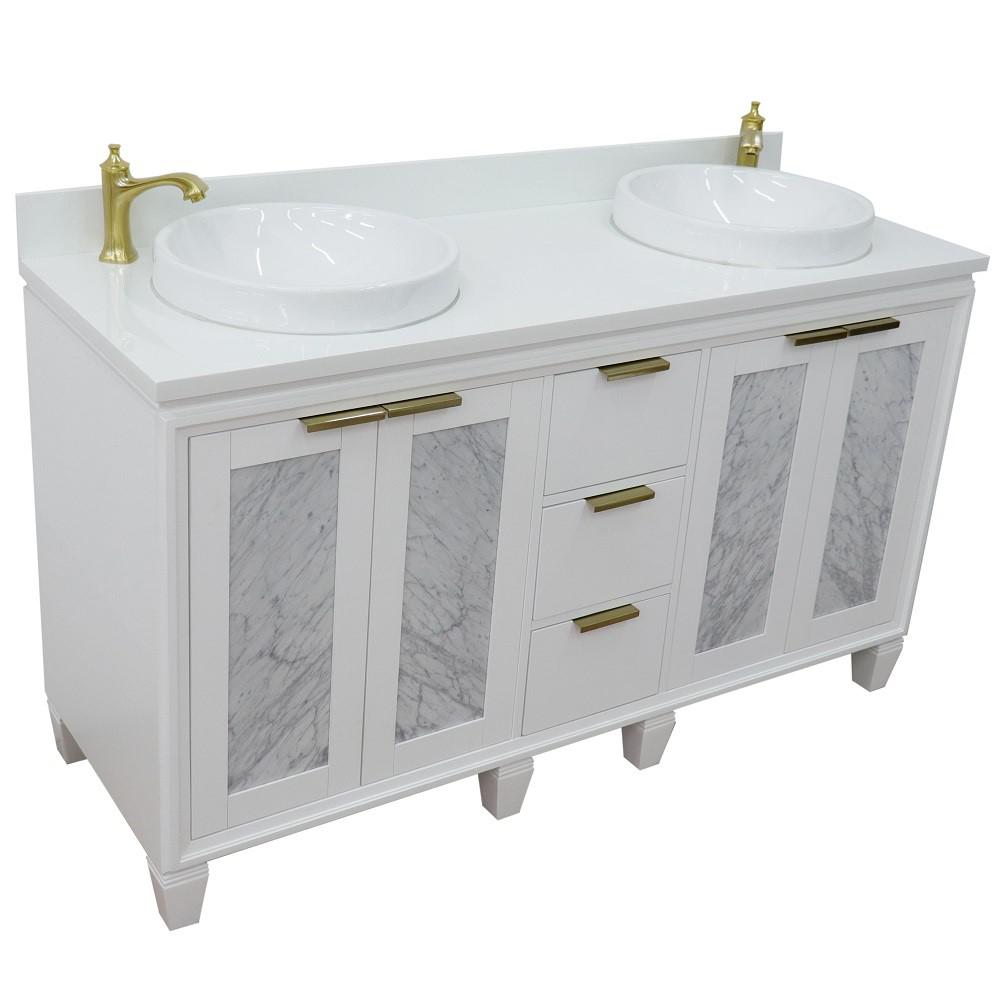 61 Double sink vanity in White finish with White quartz and round sink. Picture 12