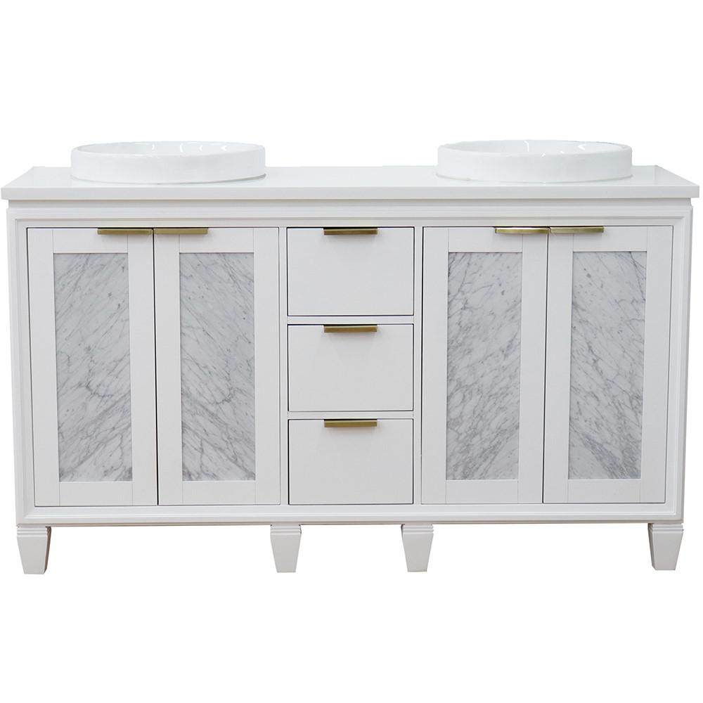 61 Double sink vanity in White finish with White quartz and round sink. Picture 14