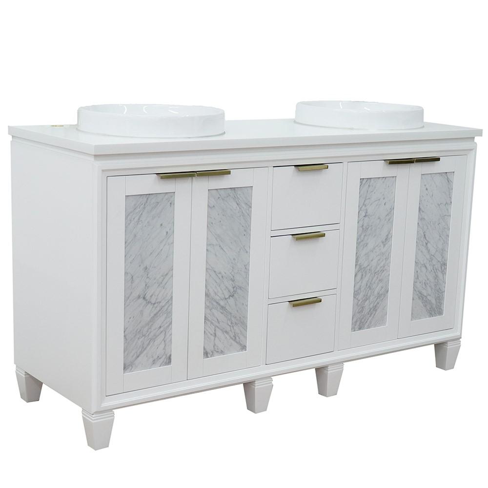 61 Double sink vanity in White finish with White quartz and round sink. Picture 1