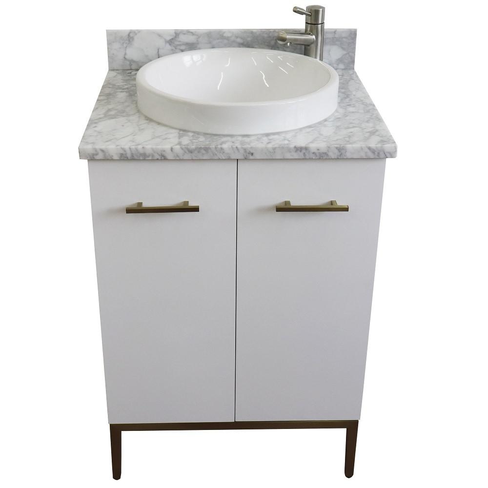 25 Single sink vanity in White finish with White Carrara marble and round sink. Picture 12