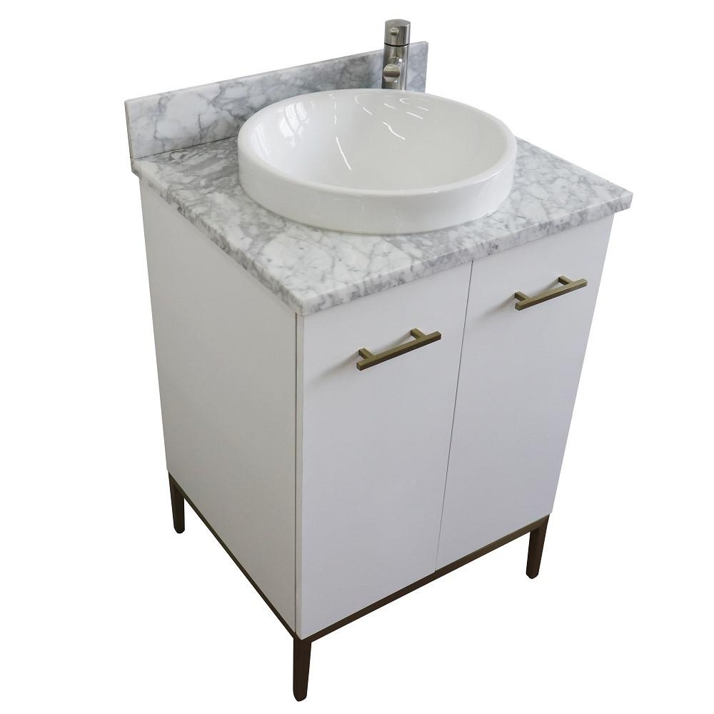 25 Single sink vanity in White finish with White Carrara marble and round sink. Picture 13